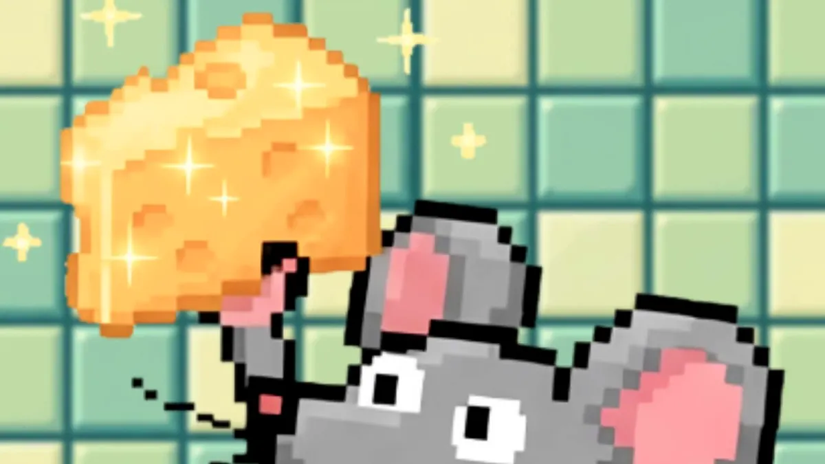 Visual retrô e lúdico do jogo Cheese Chase com o personagem principal na cozinha