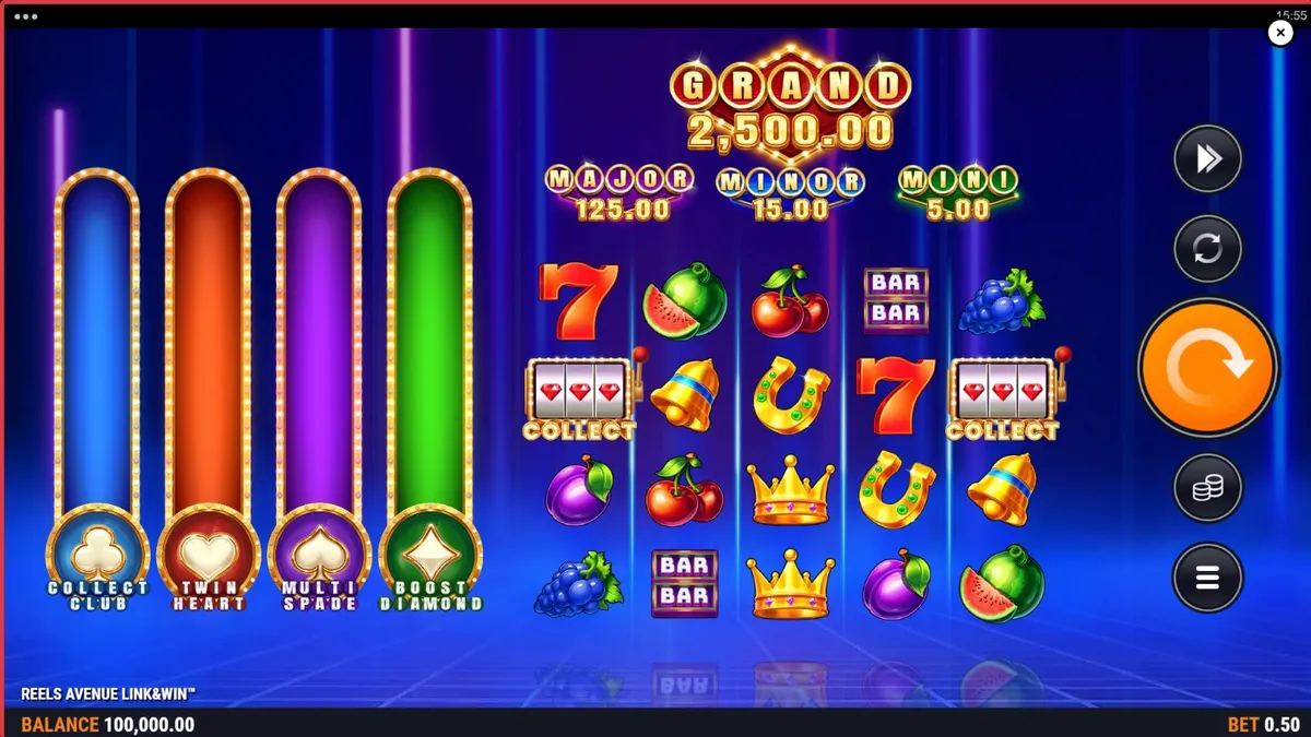 Interface futurista e neon do slot Reels Avenue Link&Win com grades duplas
