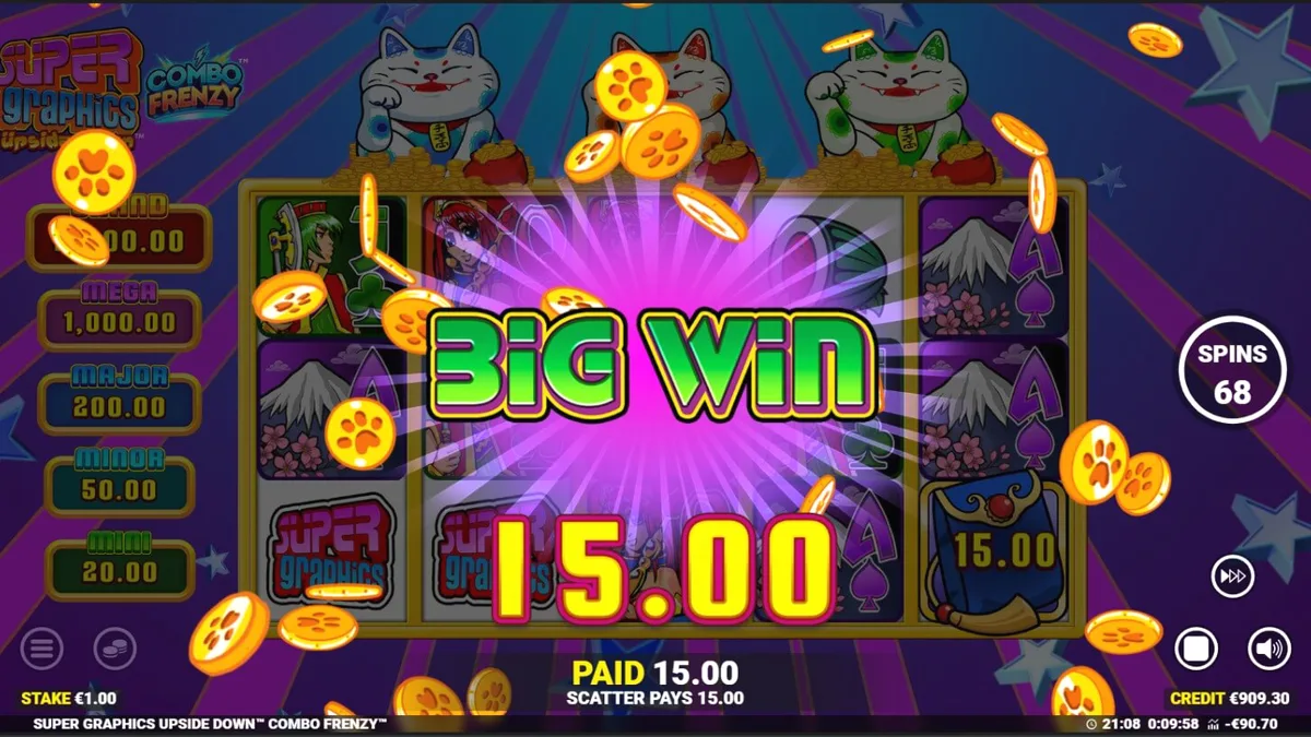 Interface vibrante e colorida do slot Super Graphics Upside Down com Lucky Cats